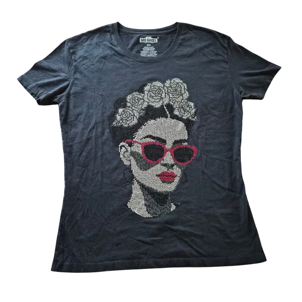 Mis Raices Frida Kahlo Rhinestone Graphic Tee Shirt Black XXG Mexican Art